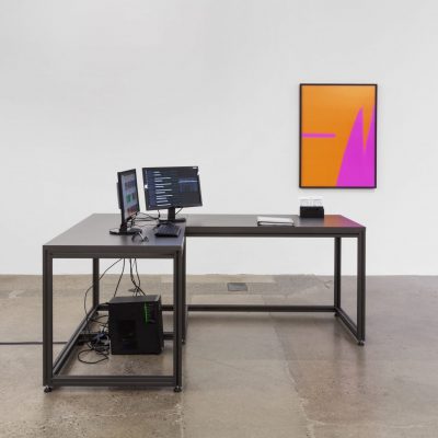 All We'd Ever Need Is One Another (Trio), 2019. Vue de l'installation. 3 flat bed scanners, 4 networked PC computers, large format printer, office supplies, office, light, inkjet prints, website, twitter, instagram.
