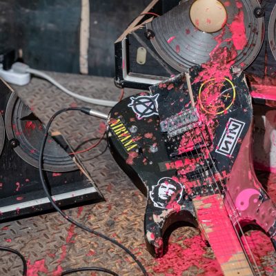 Persistent Teenage Gestures. Mixed-media installation. 2018. ~180cm x 220cm x 160cm. Electric guitar, amplifier, bowling ball, guitar pedals, electronics, pink paint. Photo by Emily Gan.