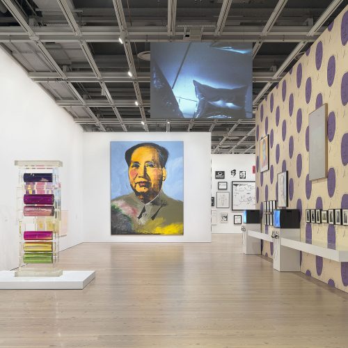 Installation view of Andy Warhol – From A to B and Back Again (Whitney Museum of American Art, New York, November 12, 2018–March 31, 2019). From left to right: Mylar and Plexiglas Construction, c. 1970; Mao, 1972; Willard Mass, Andy Warhol’s Silver Flotations, 1966; Vote McGovern, 1972; Mao, 1973; White Painting [Torso], 1966. Photograph by Ron Amstutz. © 2018 The Andy Warhol Foundation for the Visual Arts, Inc. / Licensed by Artists Rights Society (ARS), New York